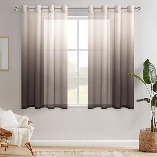 Hiasan Gardinen mit Ösen Vorhänge Farbverlauf Halbtransparent Wohnzimmer | Braun 140x145cm 2er Set, Ösenvorhang Gardine Vorhang aus Voile sanftes Licht moderne Dekoschal für Schlafzimmer Kinderzimmer
