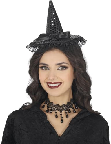 FIESTAS GUIRCA | Mini Hexenhut mit Pailletten mit Haarreif - Zubehör für Hexen Kostüm an Halloween und Kostümpartys - Hexen Zubehör ideal für Karneval und Fasching - Schwarz