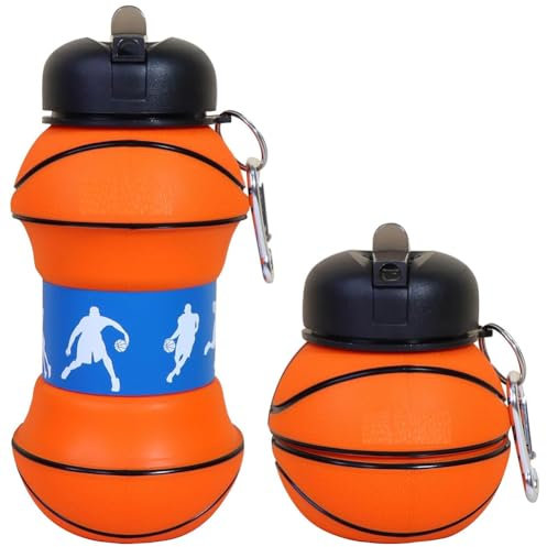 Collapsible Basketball Water Bottle 550ml Silicone Sports Bottle for Kids Athletes Outdoor Gym Travel Leakproof Foldable Water Container BPA Free Reusable Hydration Flask Yellow