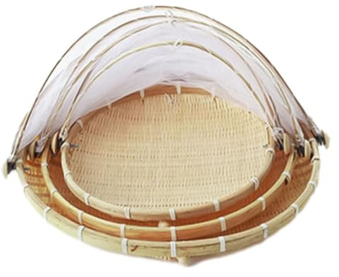 Handmade Woven Storage Basket with Net Cover Tent Multipurpose Bin Picnic Food Fruit Bread Holder Organiser 30CM Size Small