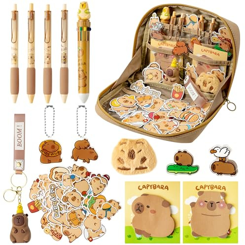 GwaOery Capybara Federmäppchen Mehrschichtiges Schreibwaren-Set Multifunktionales Federmäppchen Große Kapazität Etui mit Reißverschluss Enthalten Capybara Stifte Aufkleber Haftnotizen für Büro
