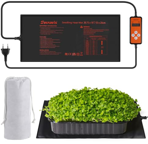 SWAWIS Heizmatte für Pflanzen 55W mit 5-45℃ Thermostatregler Integrierte | 52,7x25,4cm Wärmematte Set für Zimmergewächshaus Keimung von Samen, IP67 Amphibien Pet Mat Wärmer