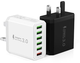 Tupneuf 2 Pack 33W 6-Port Fast Charger Plug (Black+White) - QC 3.0 USB Wall Charger with 6 USB-A Ports (1x QC 3.0) - Compatible with iPhone 16-7, Samsung, iPad & More