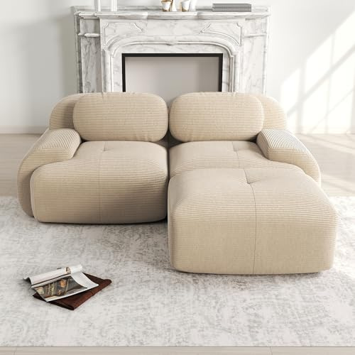 A ALFRESCOOL Modulares 2 Sitzer Sofa aus Cordstoff, Ecksofa, Boneless Couch mit 1 Ottomane, Compressed Sofa, Ohne Montage & Rutschfester Unterseite, frei Kombinierbar, 208×178×75cm (Beige)