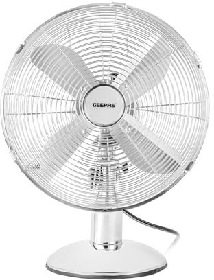GEEPAS 12” Metal Table Fan | Electric Portable Worktop Desk Fan With 3 Speed 4 PC Aluminium Blades | Adjustable Tilt Wide Angled Oscillation Powerful Airflow Chrome 35W (Renewed)
