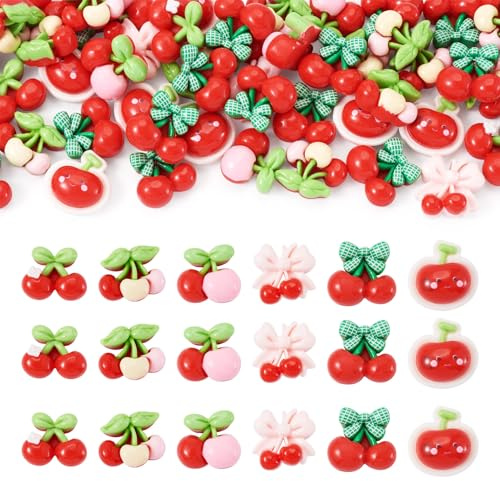 Cheriswelry 50Pcs Cherry Resin Cabochons Red Cherry Cabochons Resin Ribbon Bow Charm Cabochon for DIY Jewelry Making Craft Projects Phone Case Accessories