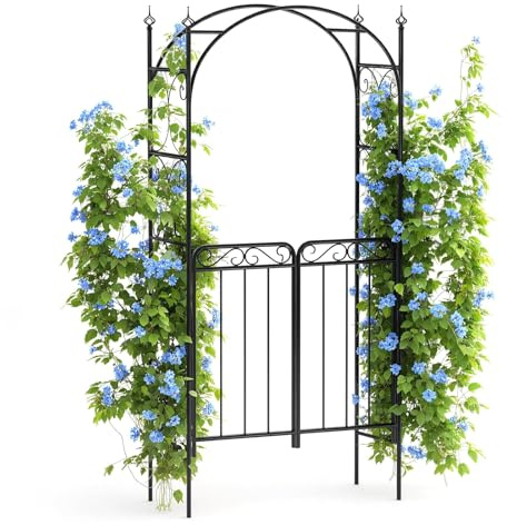 RBFGYIOP Arco da giardino in metallo nero resistente da 8 piedi con cancello – Traliccio per rose rampicanti, viti e fiori – Recinzione decorativa per esterni per patio, prato e cortile