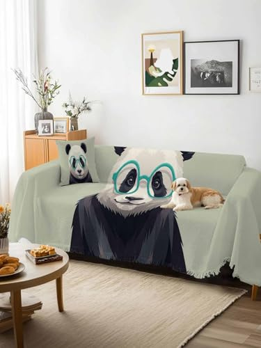 Sage Green Cute Panda Sofa Cover Blanket Couch Covers for Armchair Cushion,Couch Sofa Silpcover with Tassel,Funny Animals Modern Art Living Room Bedroom Throw Towel Blanket Covers XX-L 71x150