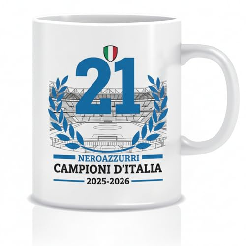 MOCHEIA SHOP Tazza Scudetto 21 Campioni d'Italia - Mug in Ceramica Nerazzurra 11 Oz - Alta Qualità, Resistente ad Alte Temperature e Lavaggi