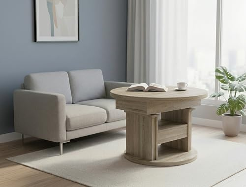 designimpex DA-999 Couchtisch rund Sonoma Eiche ausziehbar höhenverstellbar Schublade modern runder Wohnzimmertisch Esstisch Beistelltisch Sofatisch oval platzsparend hochwertig Wohnzimmer