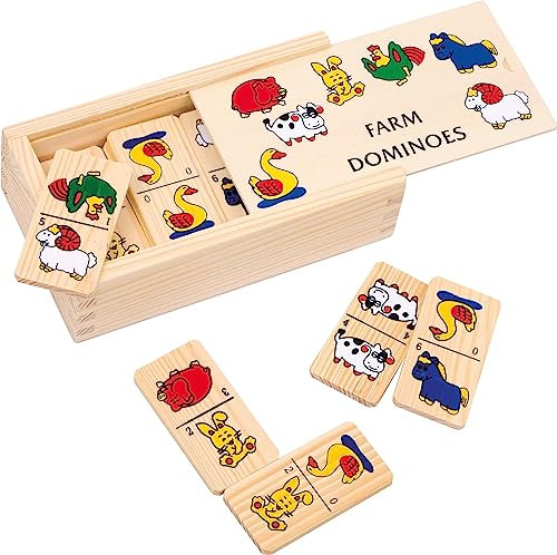 small foot Domino „Farm“ aus Holz, mit Bauernhof-Tiermotiven, in Holzbox mit Schiebedeckel, ab 3 Jahren, 7094