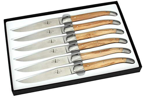 Forge de Laguiole - 6er Set Steakmesser - Griff Olivenholz - Edle Tafel-Messer - Stahl matt