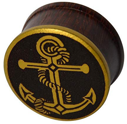 CHICNET Damen Herren Ribbed Plug Piercing Flesh Tunnel aus Tamarinde und Brass Überzug mit Anker mit Seil und Rand in Gold, Straight, 4mm bis 24mm