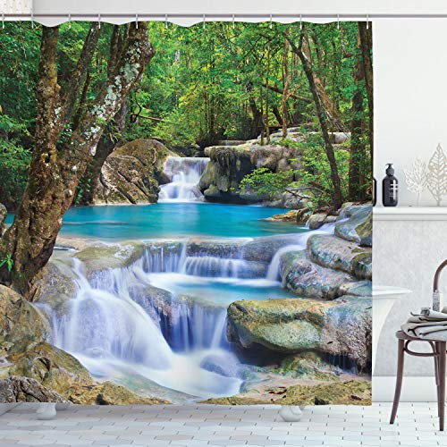 ABAKUHAUS Natur Duschvorhang, Felsen in See mit Wasserfall, Stoffliches Gewebe Badezimmerdekorationsset mit Haken, 175 x 220 cm, Braun Grün Blau