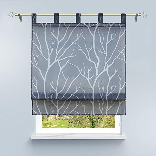 HongYa Raffrollo mit Schlaufen Transparente Raffgardine Voile Schlaufenrollo Küche Kleinfenster Gardine mit Äste Muster H/B 140/100 cm Grau