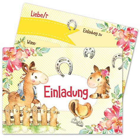 Papierdrachen 12 Einladungskarten zum Kindergeburtstag für Mädchen - Motiv Pferde - Geburtstagseinladungen für deine Geburtstagsparty (DIN A6)