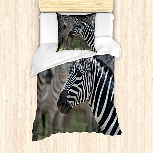 ABAKUHAUS afrikanisch Bettbezug Set für Einzelbetten, Zebra in Serengati Park, Milbensicher Allergiker geeignet mit Kissenbezug, Schwarz Weiß resedagrün