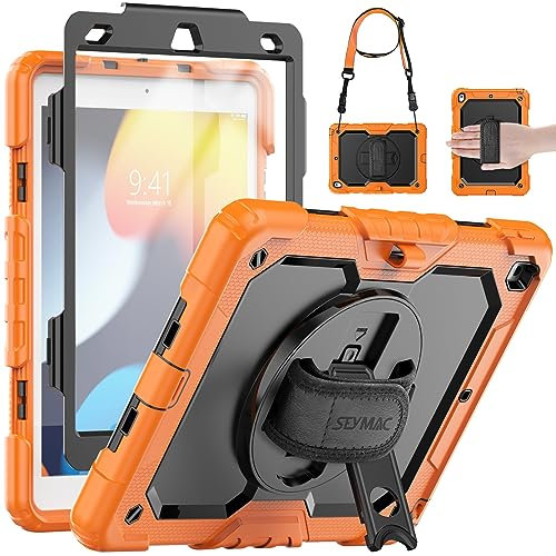 SEYMAC Case for iPad 9th/8th/7th Generation 2021/2020/2019 10.2 inch, Shockproof Case with Screen Protector, 360 Degree Rotating Stand/Hand Strap, Pen Holder for iPad 10.2 Inch, Orange