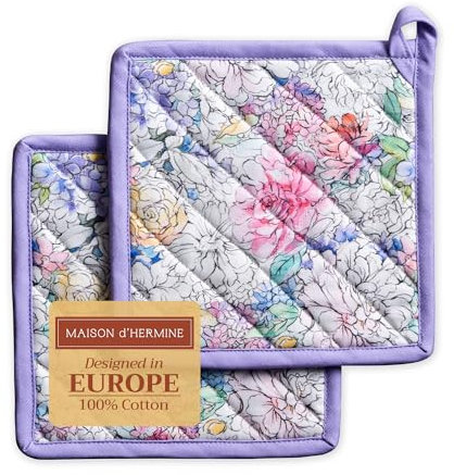 Maison d' Hermine Pot Holders set 100% Cotton Heat Resistant Potholders 20 cm x 20 cm Hot Pads with Loop BBQ, Cooking, Baking, Grilling, Handling Hot Pans Spring/Summer (Pack of 2, Floral Love)