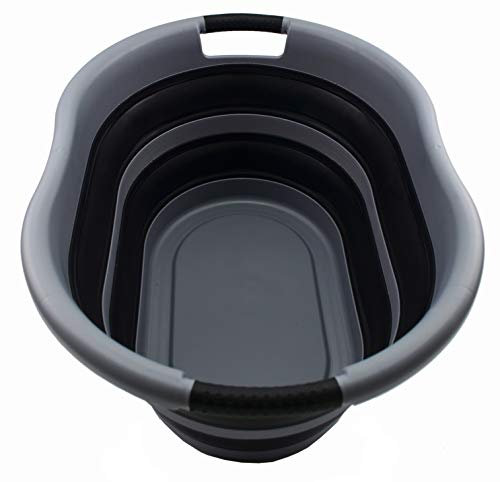 SAMMART 36L Collapsible Plastic Wäschekorb - Ovale Wanne/Korb - Faltbarer Vorratsbehälter/Organizer - Tragbare Waschwanne - Platzsparender Wäschekorb, Wasserkapazität: 28L (1, Grey/Black)