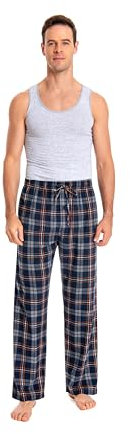 JTPW Men's 100% Cotton Flannel Sleep Pajama Pants with Pockets, Yellowish Navy Plaid, Size: L