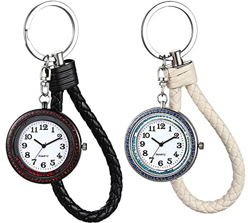 JewelryWe Karabineruhr Taschenuhr mit Schlüsselanhänger: 2pcs Einzigartige Leder Kordelkette Karabiner Uhr Analog Quarz Schlüsselring Schlüsselbund Uhr für Ärzte Krankenschwestern Sanitäter Köche