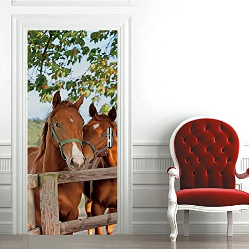 A.Monamour Türtapete Selbstklebend Türfolie Türposter 3D Zwei Pferde Stehen Am Tierthema Der Holzzäune Vinyl Folie Türdeko Tapete Wandbild Türaufkleber Türtattoo 85 x 200 cm