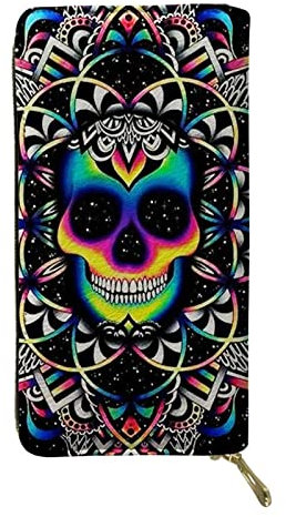 Biyejit Lange Damen-Geldbörse aus Leder, Reisegeldbörse, Kreditkartenhalter, Handy-Clutch, großes Fassungsvermögen, mit Reißverschluss, Trippy Skull, Einheitsgröße, Casual