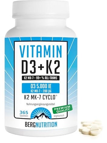 Berg Nutrition Vitamin D3 5.000 I.E + 200 µg K2 99+% ALL-Trans, 365 vegetarische Tabletten hochdosiert u. teilbar, Premium Vitamin D Tabletten, Vitamin D 3 und Vitamin K 2