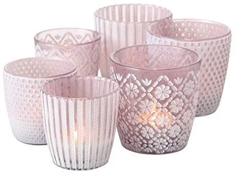 Seaside No.64 - Windlicht-Set 6 teilig aus Glas 7-9cm - Teelichthalter für Romantisches Ambiente - Kerzenständer mit 3 Designs in je 2 Größen - Retro Kristall Ornamente - (Flieder, Set)