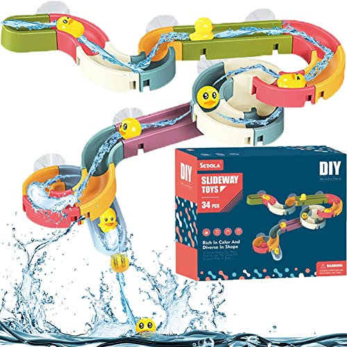 34pcs Bath Toys Toddler Kids Age 3+, with Water Duck Slide Track & Wind up Run Rubber Ducks Bath Time Bathtub Shower Water Play Toys for Boys Girls Swimming Pool