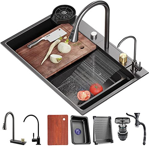 Lavello da cucina Cascata Raindance Nero Acciaio Inox Lavandino Cucina con Rubinetto estraibile con kit di scarico e filtro cestello