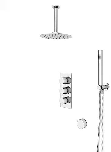 Nes Home Round 3 Way Concealed Thermostatic Shower Mixer Valve, Shower Head, Arm, Handset, Bath Filler Set Chrome