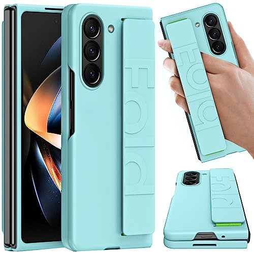 NINKI Kompatible Hand Strap Case für Samsung Galaxy Z Fold 5 Phone Hülle Frauen Männer, Ultra Slim/Dünn Stoßfeste PC Matte Schutzhülle für Galaxy Fold 5 Strap Cover, Samsung Fold 5 handyhülle Blau