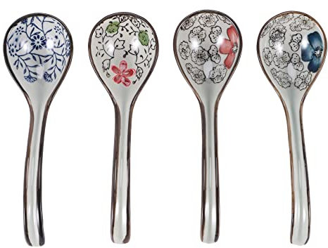 Nudiuhis 4 Pieces Asian Retro Chinese Ceramic Rice Spoons Curved Handle Ramen Soup Spoon Painted Flower Spoons with Long Handle