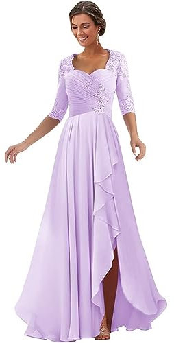 Appliques en dentelle Robes de mère de la mariée pour mariage manches 1/2 mousseline de soie longue robe formelle robe de soirée, lilas, 34