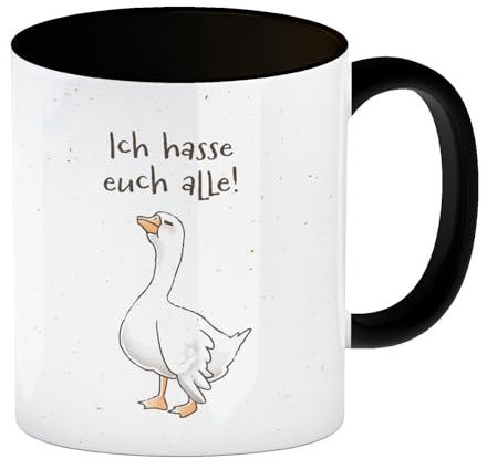 speecheese Kaffeebecher in schwarz Gilbert die Gans mit Spruch Ich hasse | alle eine bunte Tasse für die Arbeit lustiger Motiv Pechvogel Kaffeetasse alle Becher Männer Miesepeter Comic