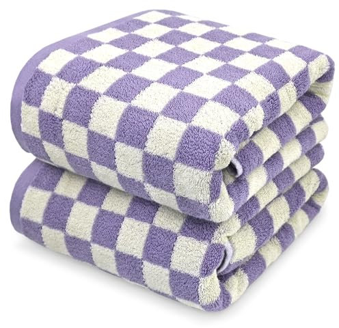 Jacquotha Duschtücher für Badezimmer, 70 x 140 cm, schnell trocknend, weiches Handtuch (2er-Pack), niedliche Handtücher, kariert, 520 g/m², saugfähige Baumwollhandtücher