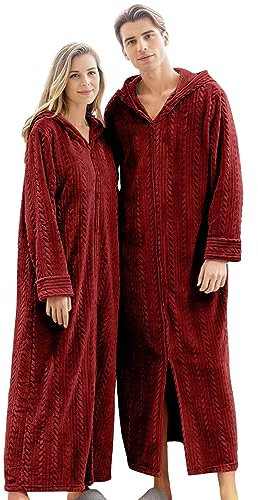 Beokeuioe Vestaglia da uomo lunga in cotone – Cappotto da sauna in pile allungato in peluche per la casa, accappatoio in flanella con cappuccio e zip a maniche lunghe, A2 rosso., XL