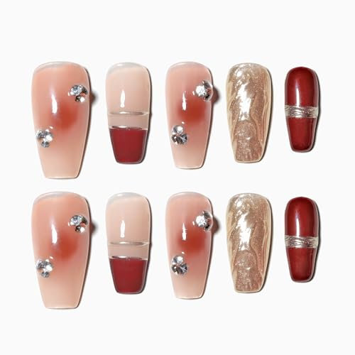 Sun&Beam Nails Handmade Press-on Medium Long Coffin Ballerina Red Nude Gold Gradation Design False Nail Tips 10 Pcs (#043 M)