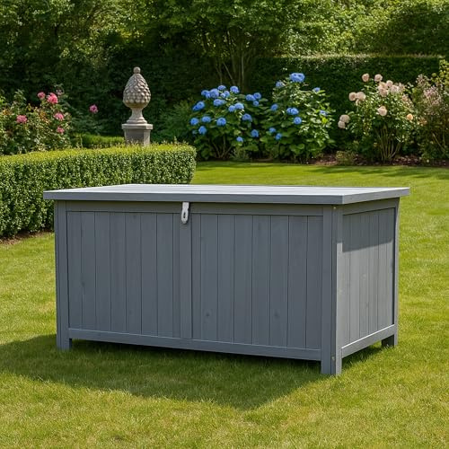 AIRWAVE Wooden Garden Storage Box With Lockable Showerproof Lid Wooden Chest Container For Patio Cushions Outdoor Toys and Tools, Stylish Interlocking Fir Wood Design (Medium 468Ltrs)