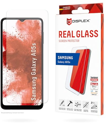 Schutzglas für Samsung A05s (10H), kristallklar, mit Eco-Montagerahmen | DISPLEX Real Glass, 10H Panzerglas, Bruchschutz, extra-harte Kanten, kratzfest, Anti-Shock, kristallklar, hüllenfreundlich