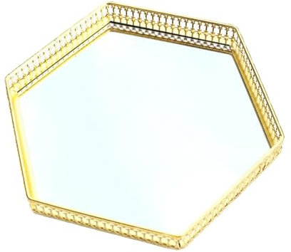 Gold Mirrored Vanity Tray Mirrored Crystal Vanity Makeup Tray Jewelry Trinket Tray Organizer Metal Decorative Jewelry Storage Tray for Home Decoration (Large Tray)