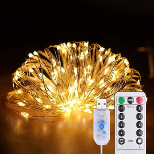 Luci Stringa LED, 10M 100 LED Catena Luminosa con 8 Modalità Lucine Led Decorative, Luci Natale Impermeabile per Interni e Esterni, Camere da Letto, Giardino, Matrimonio, Albero (1 Pezzi Bianco caldo)