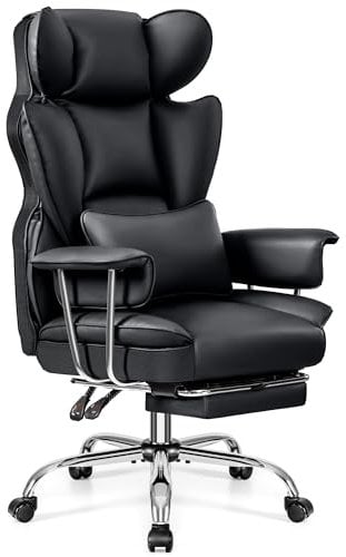 DoChair Bürostuhl Ergonomisch mit Fußstütze und Lendenwirbelstütze, PU Leder Chefsessel mit Lendenwirbelstütze und hoher Rückenlehne,Komfortabler Bürostuhl 200kg (schwarz)