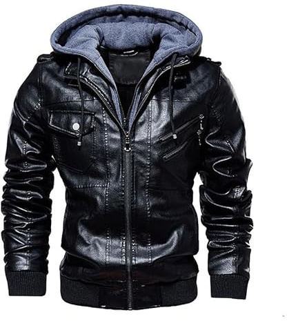 TINNYTT Veste en Cuir pour Homme, Moto Décontractée à Capuche, Faux Deux Pièces, Automne et Hiver, Black-M