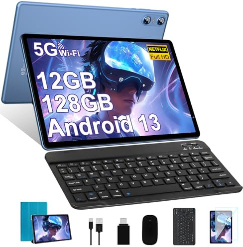 SEBBE 10 Inch Android Tablet, 12GB RAM + 128GB ROM (TF 1TB), Octa-Core 2.0Ghz, 800 * 1280 FHD丨5G WiFi丨BT 5.0丨6000mAh丨5MP+8MP, Widevine L1, With Keyboard丨Mouse丨Case丨(Blue)