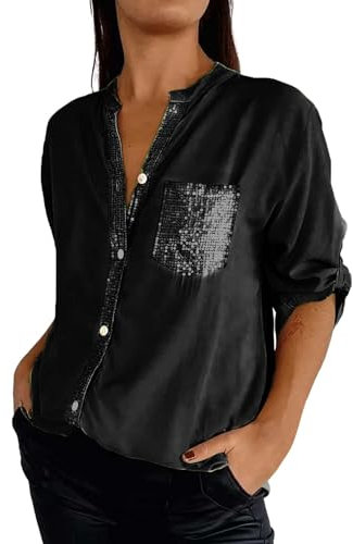 Weihnachts-Tunika, Damen, elegant, mit Pailletten, Hemd, Casual, Langarm, Top, Blusen mit Pailletten, modisch, lässig, Retro, Tunika, Bluse, Pailletten, Schwarz , 54