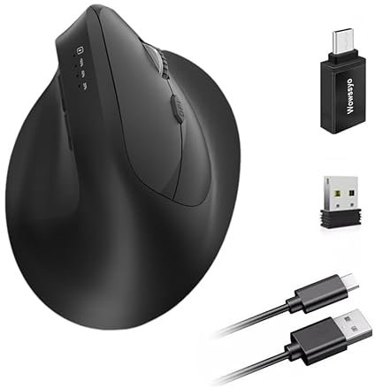 Wowssyo Mouse wireless ergonomico 3 modalità [Bluetooth 5.2, 2.4G, cablato] Wireless verticale, mouse bluetooth senza fili 1200/1600/2400/3200/6400/9600 DPI, ricaricabile, 6 tasti, PC/Mac nero