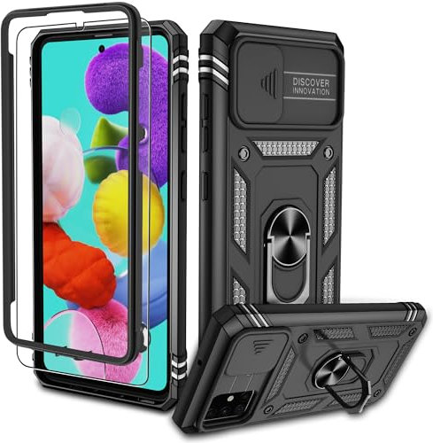 Pilaru für Samsung Galaxy A51 4G Hülle, Kameraschutz Handyhülle mit 1 Stück Schutzfolie, 360° Drehhalter Ring Schutzhülle Militär Outdoor Stoßfest Kratzfest Handy Hüllen für Samsung A51 4G-Schwarz